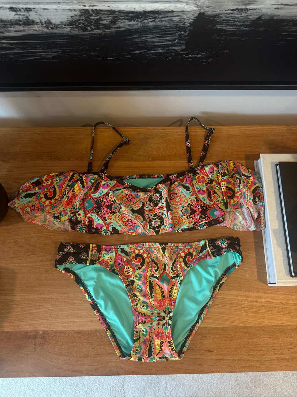Laundry By Shelli Segal Teal Floral Trim Bikini Top